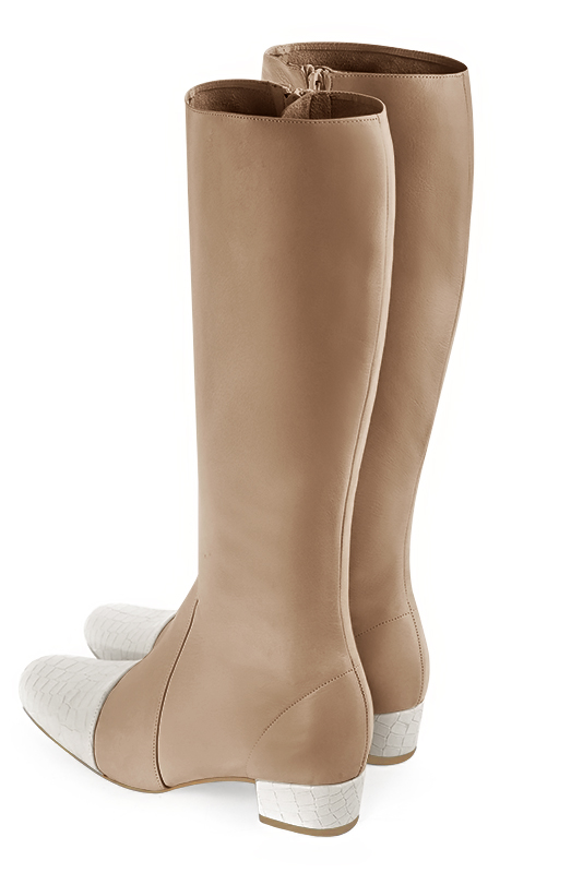 Off white and tan beige women's feminine knee-high boots. Round toe. Low block heels. Made to measure. Rear view - Florence KOOIJMAN